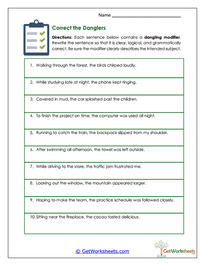 Correct the Danglers Worksheet