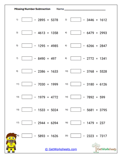 Missing Subtrahends Worksheet