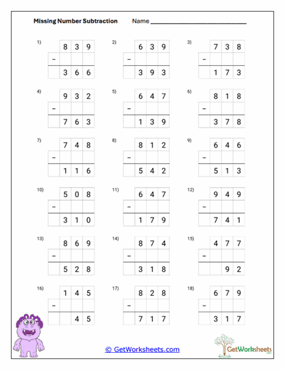 Subtraction Boxes Worksheet