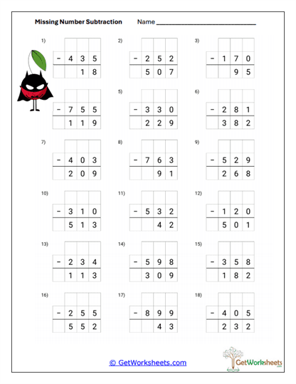 Triple-Digit Missing Boxes Worksheet