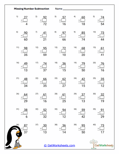 Two-Digit Missing Worksheet