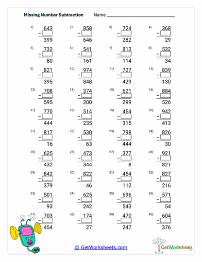 Three-Digit Missing Removals Worksheet