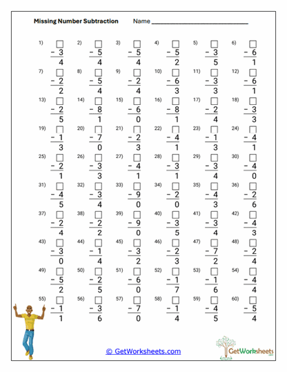 Fill-In Missing Subtrahends Worksheet