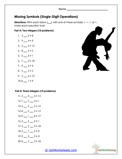 Missing Symbols (Single-Digit Operations) Worksheet