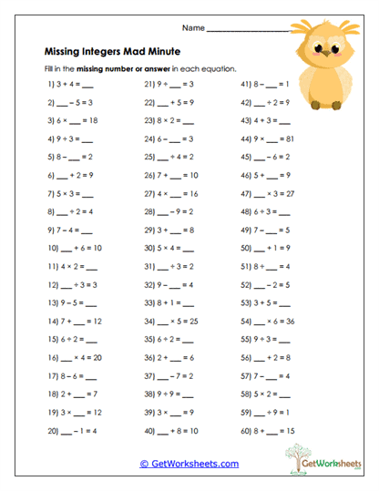 Missing Integers Mad Minute Worksheet