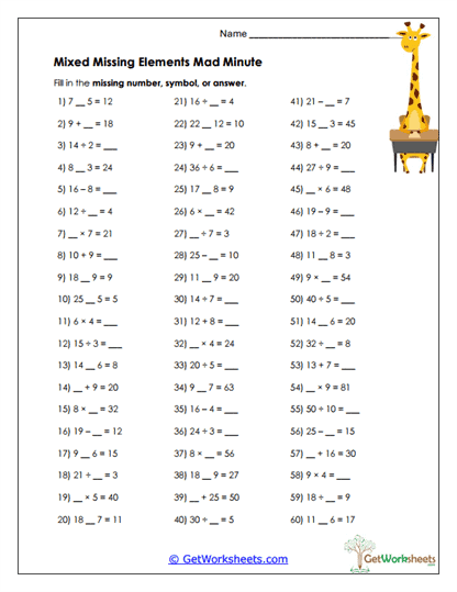 Mixed Missing Elements Mad Minute Worksheet