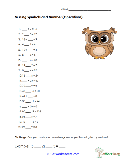 Missing Symbols and Numbers Worksheet