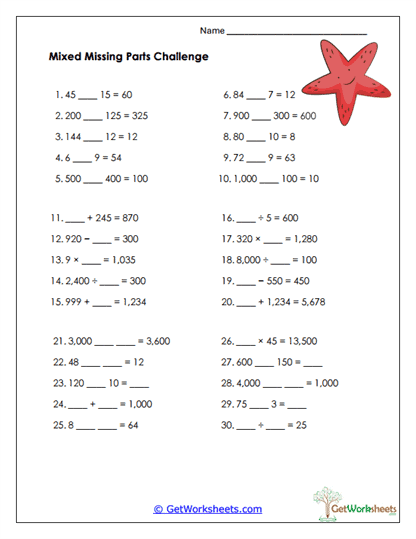 Mixed Missing Parts Challenge Worksheet