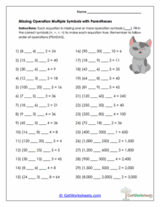 Missing Operations with Parentheses Worksheet - Order of Operations ...