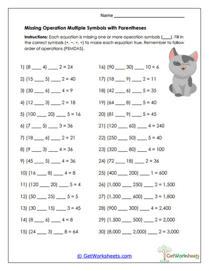 Missing Operations with Parentheses Worksheet