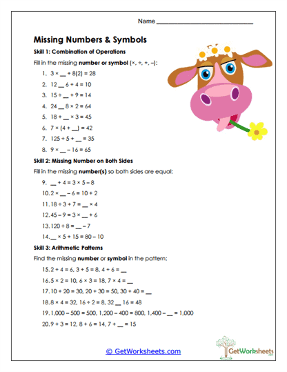 Missing Numbers & Symbols Worksheet