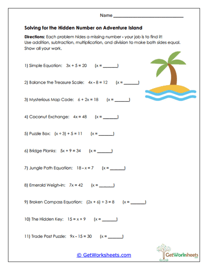 Hidden Treasure Algebra Worksheet