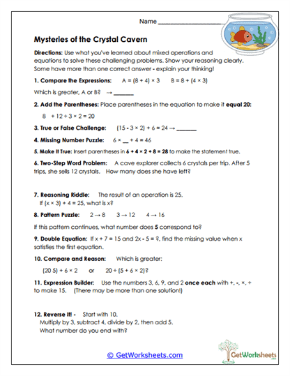 Crystal Cavern Challenge Worksheet