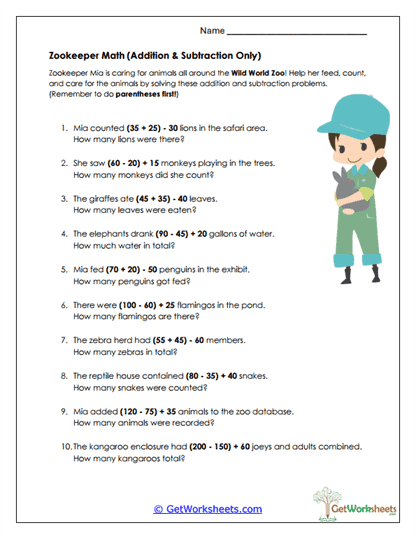 Zookeeper Math Adventures Worksheet
