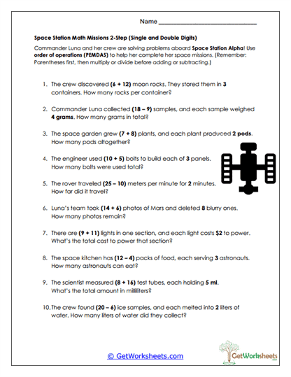 Space Mission Math Worksheet