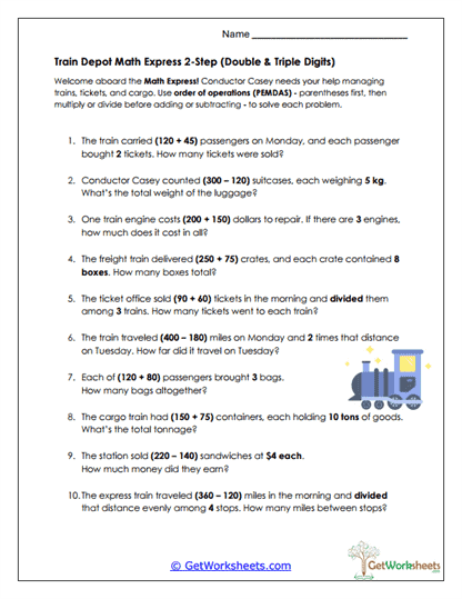 Train Station Math Problems Worksheet