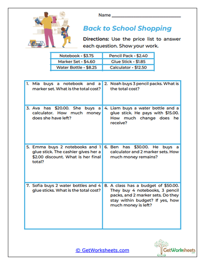 Back to School Shopping Worksheet