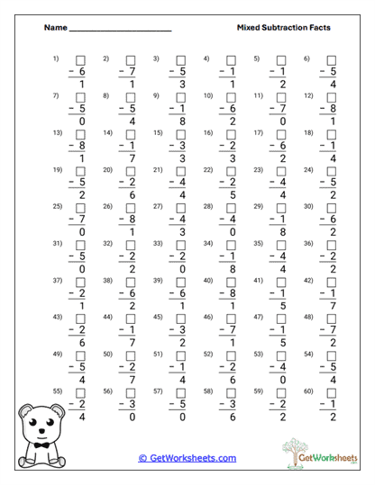 Take Away Facts Review Worksheet