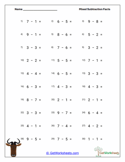 Simple Subtraction Set Worksheet