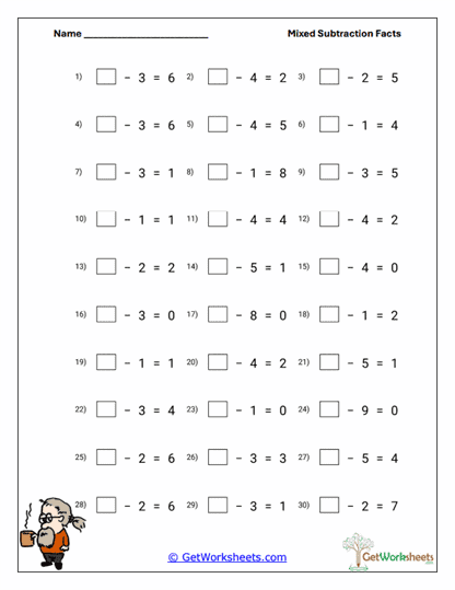 Missing Number Lessening Worksheet