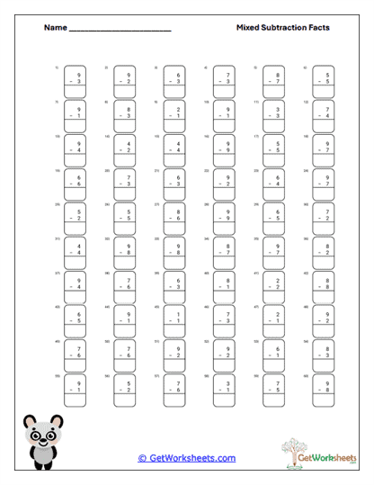 Vertical Subtract Facts Worksheet