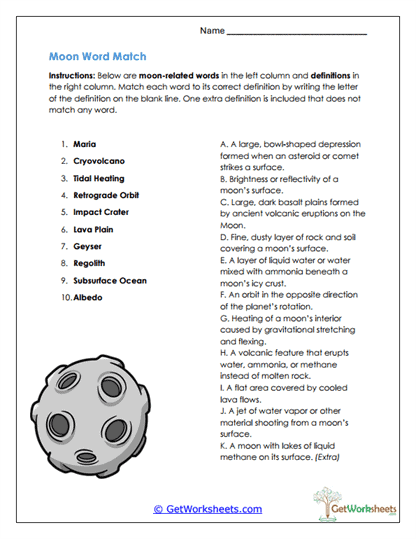Moon Word Match Worksheet