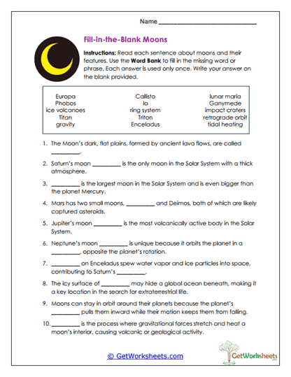 Fill-in-the-Blank Moons Worksheet