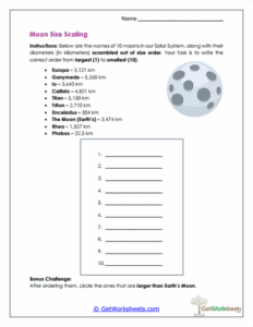 Moon Size Scaling Worksheet - Comparing Moon Measurements