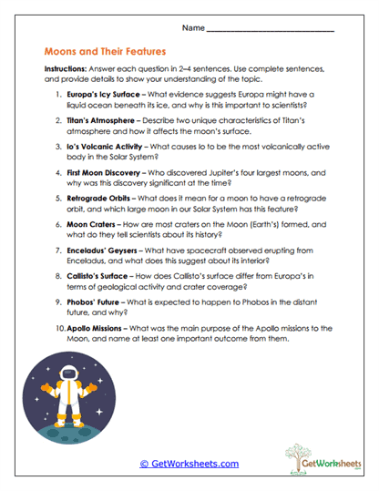 Moons and Their Features Worksheet
