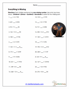 Missing Pieces Math Worksheet - Division Equations with Unknowns