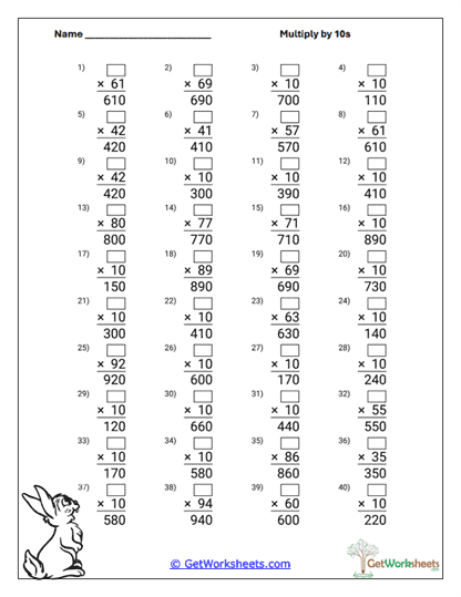 Multiply by 10s Worksheets