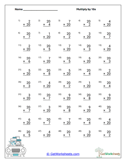 Multiply by 20 Worksheet