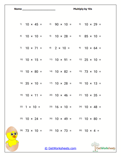 Tens Multiplication Review Worksheet