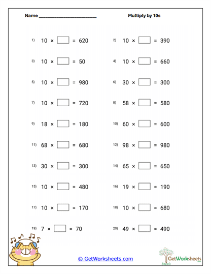 Missing Factor Tens Worksheet