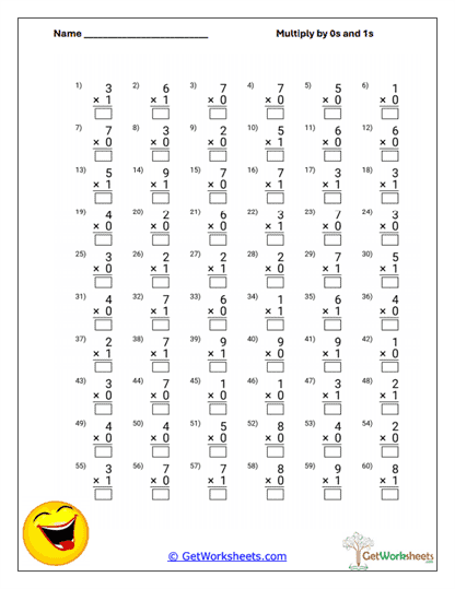 Multiply by 0s and 1s Worksheets