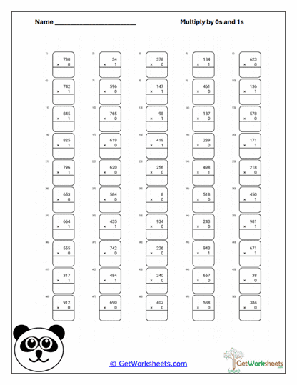 Multi-Digit Zero-One Multiples Worksheet