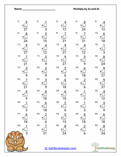Dino Fact Multiplicands Worksheet