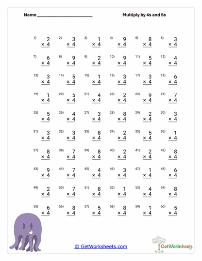 Multiply by 4s Practice Worksheet