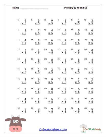 Multiply by 5s Practice Worksheet