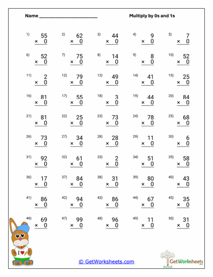Multi-Digit Zero Product Worksheet