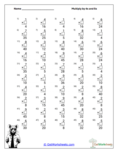 Vertical 4s and 5s Computation Worksheet