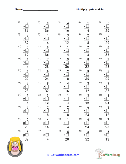 4s and 5s Repeated Practice Worksheet