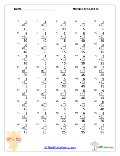 Horizontal 4s and 5s Combined Worksheet