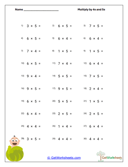 Multiplying by 4s Worksheet