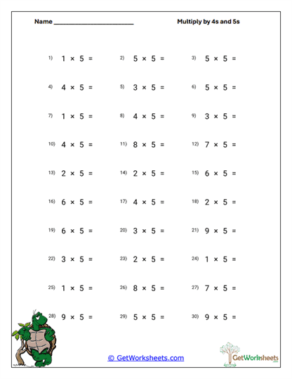 Vertical 4s Grid Worksheet