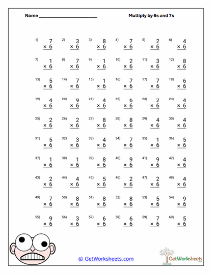 Multiplying by Six Worksheet