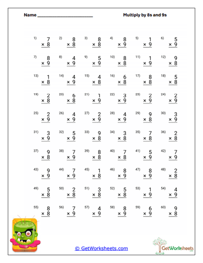 Mixed 8s and 9s Repeated Adding Worksheet