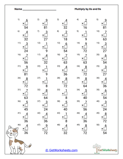 Vertical 8s and 9s Computation Worksheet
