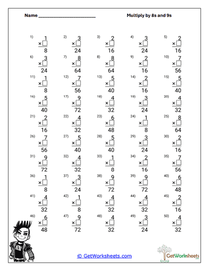 Structured 8s and 9s Worksheet
