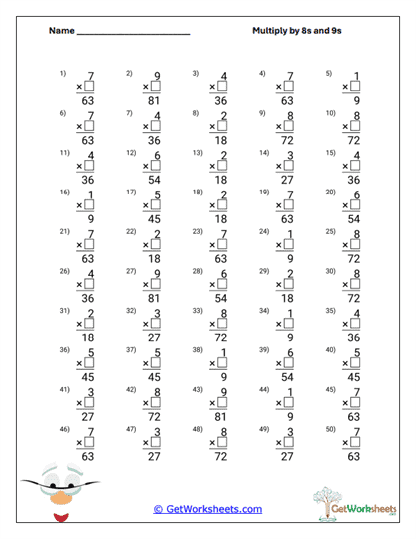 Mixed 8s and 9s Equations Worksheet